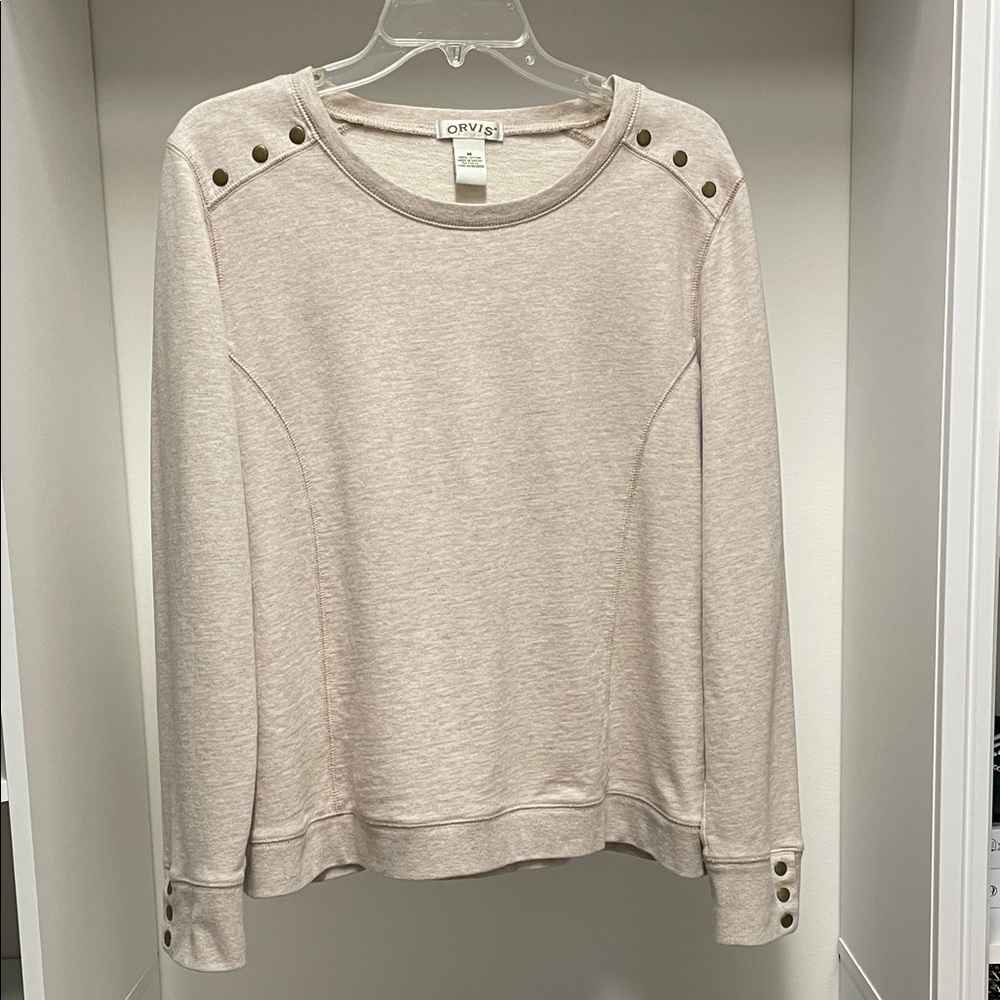 Orvis Women's Heathered Tan  Studded Shoulder Lightweight Sweatshirt Size M